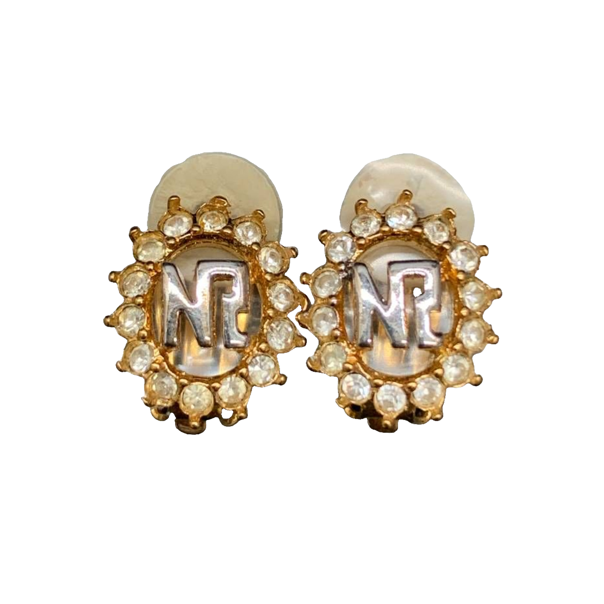 Nina Ricci Earrings Gold Silver NR Monogram Vintage Rhinestone Clip-On