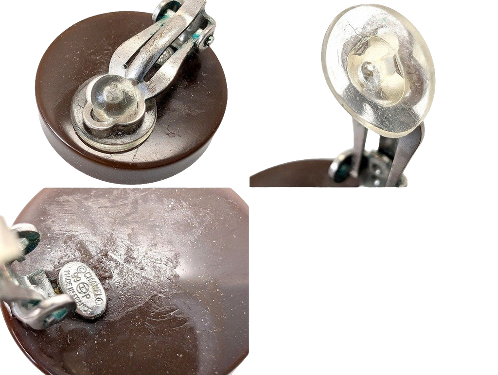Chanel Earrings Brown Silver Vintage 1999 Spring Collection Clip-On CC Logo