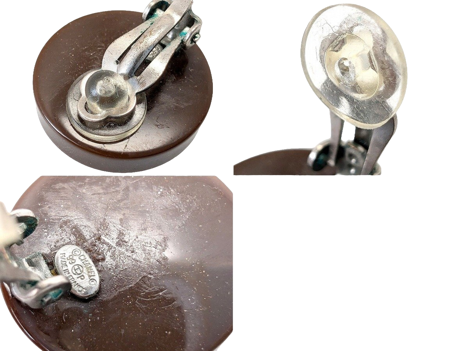 Chanel Earrings Brown Silver Vintage 1999 Spring Collection Clip-On CC Logo