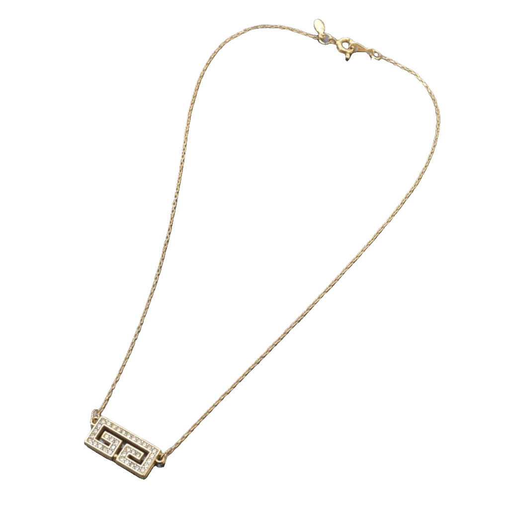 Givenchy Necklace Gold Greek Key Rhinestone Geometric Vintage Pendant