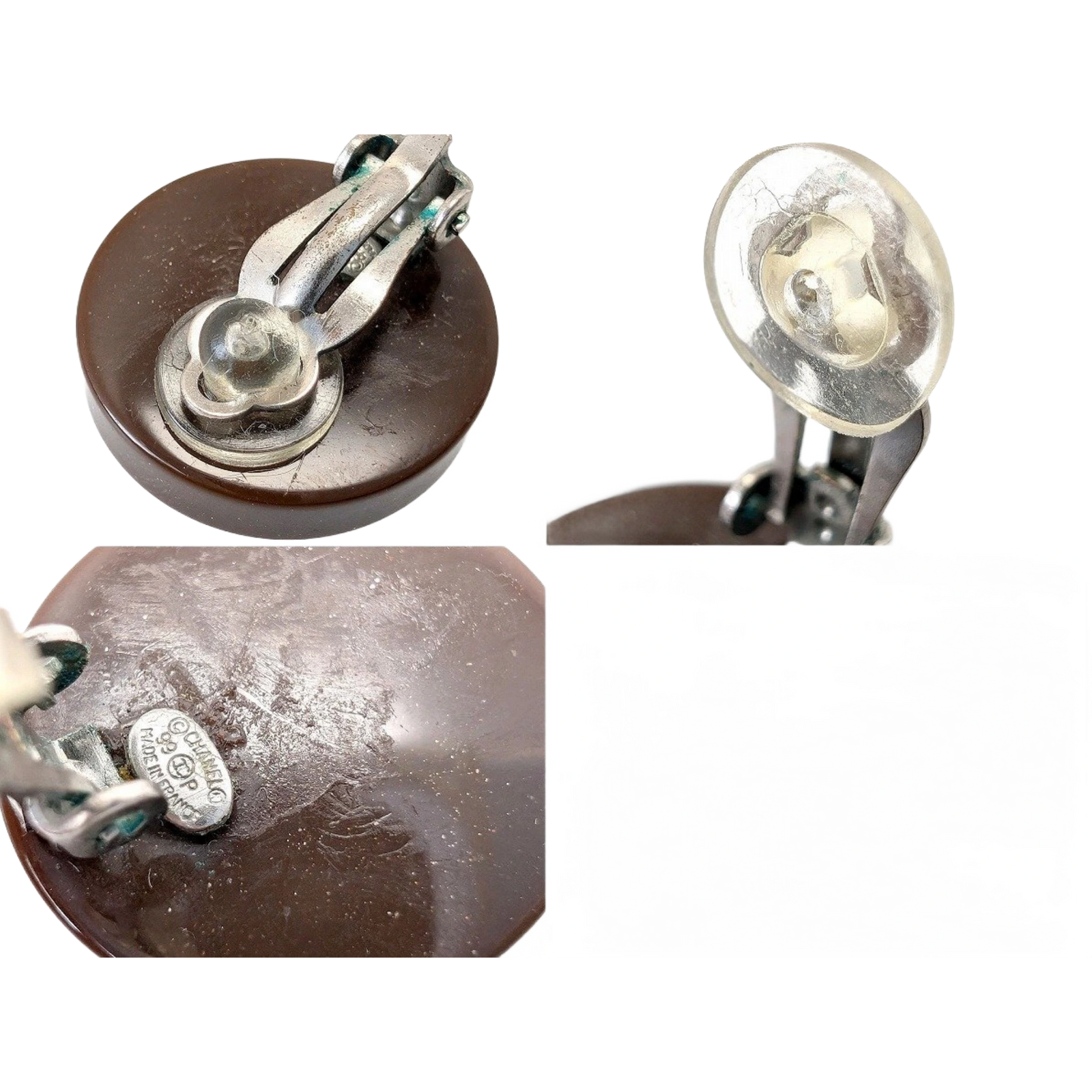CHANEL Boucles d'oreilles 99P gravé, Coco Mark, plastique marron et argent