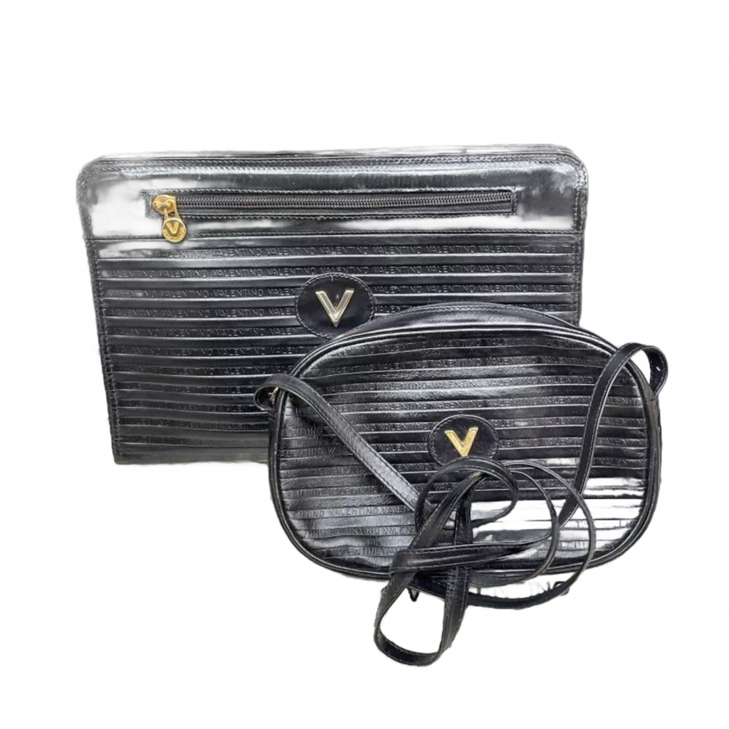 VALENTINO  LOTX2 Mario Valentino 2 pièces Sac bandoulière, pochette cuir noir logo vendu à l'unité