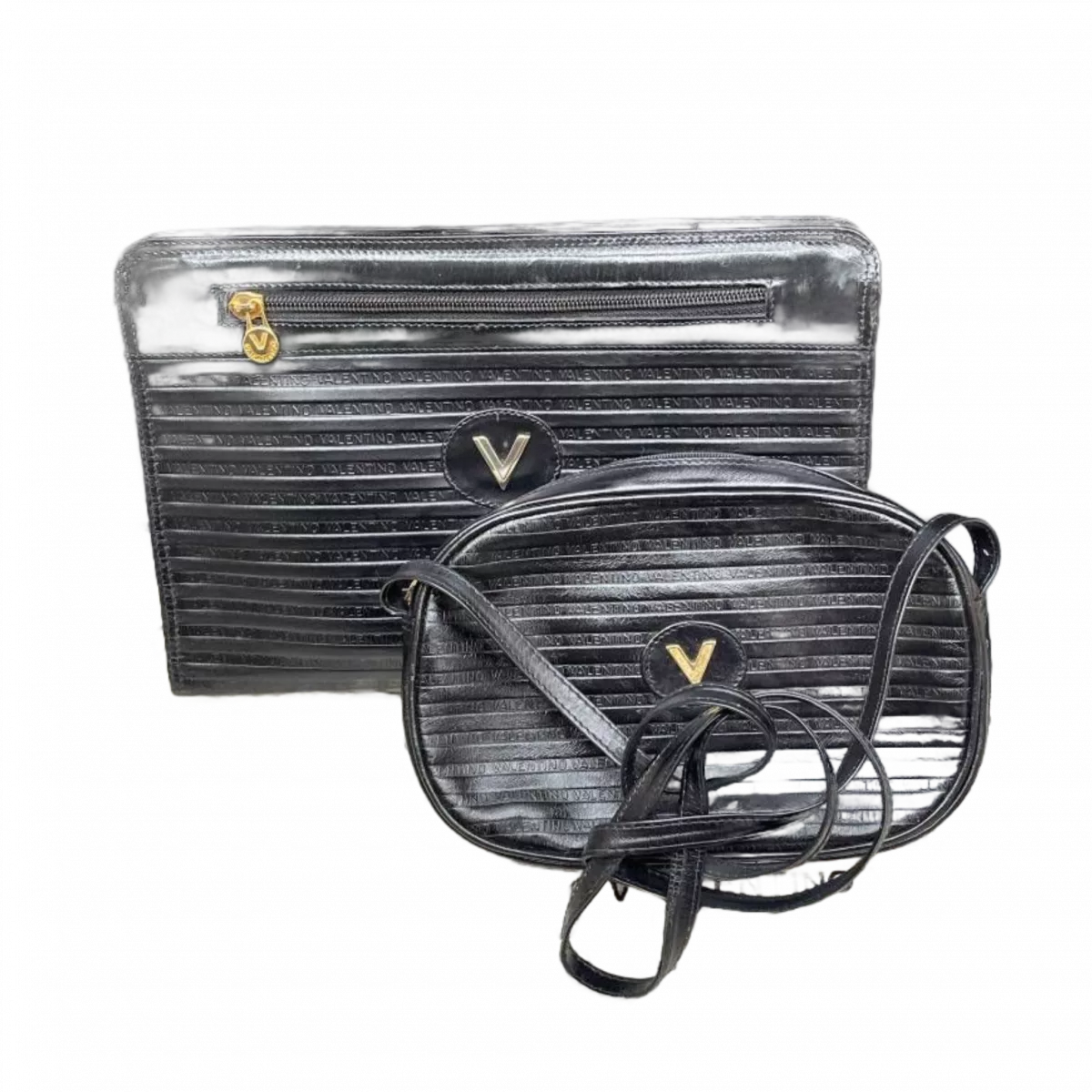 VALENTINO  LOTX2 Mario Valentino 2 pièces Sac bandoulière, pochette cuir noir logo vendu à l'unité