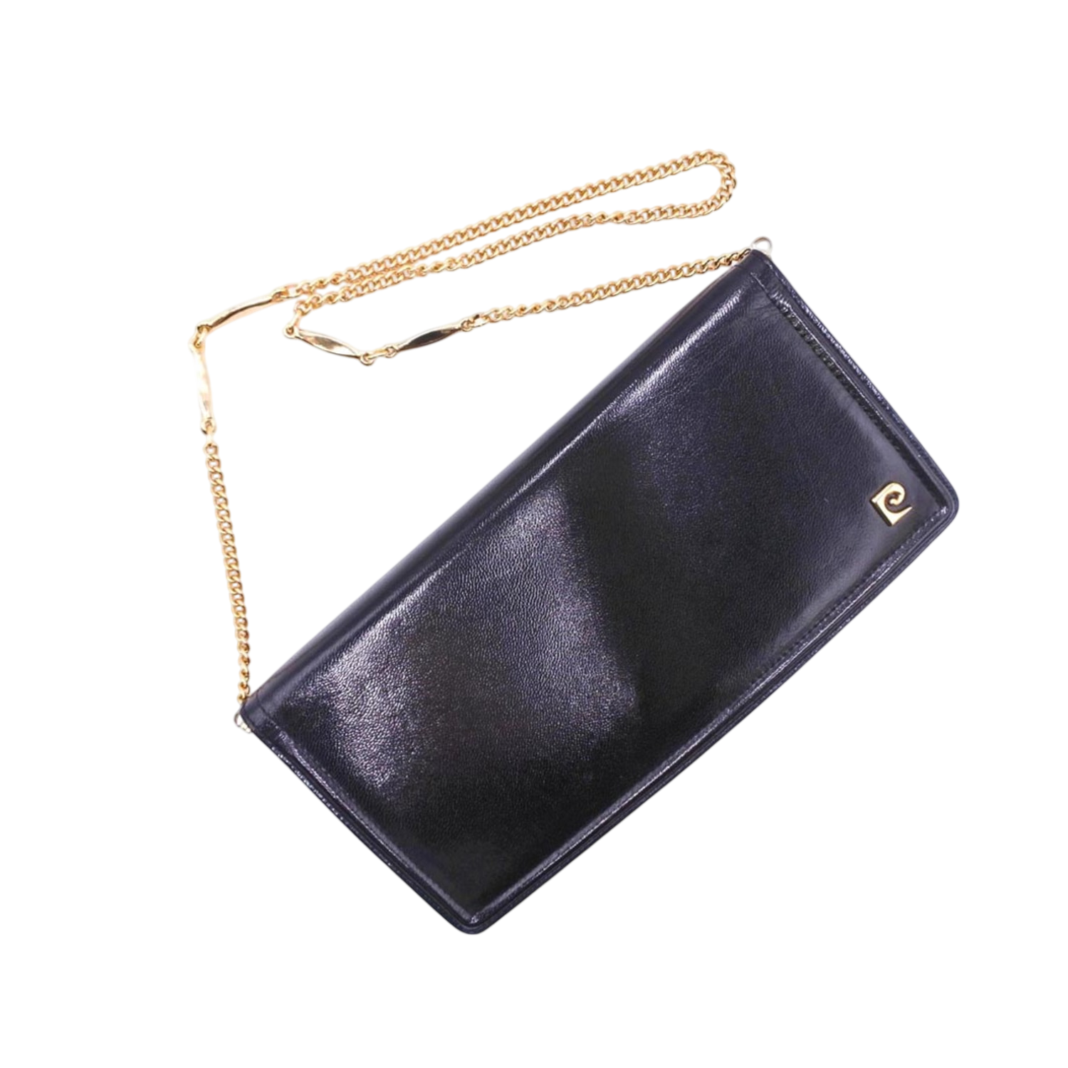 PIERRE CARDIN Pochette soirée cuir noir lisse chaîne dorée logo PC