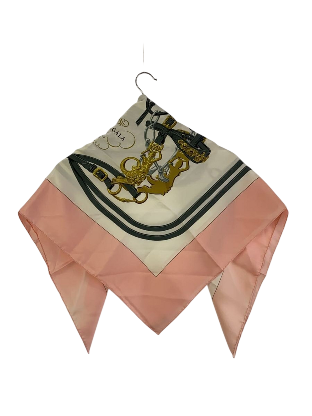 HERMÈS Paris Carré de soie 90x90 Brides de Gala rose saumon fond blanc