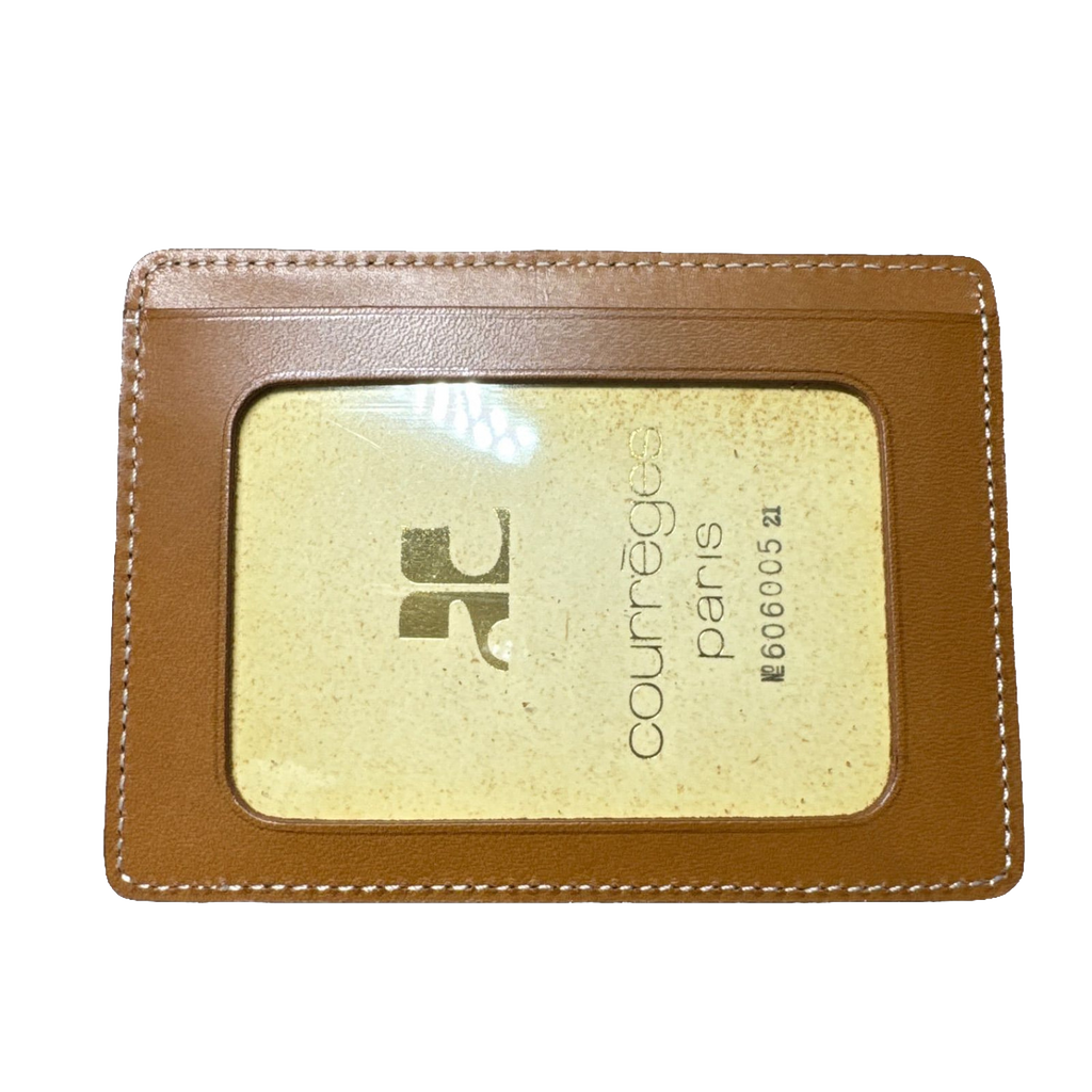 Courrèges Card Holder Brown Leather Vintage Slim ID Window Case