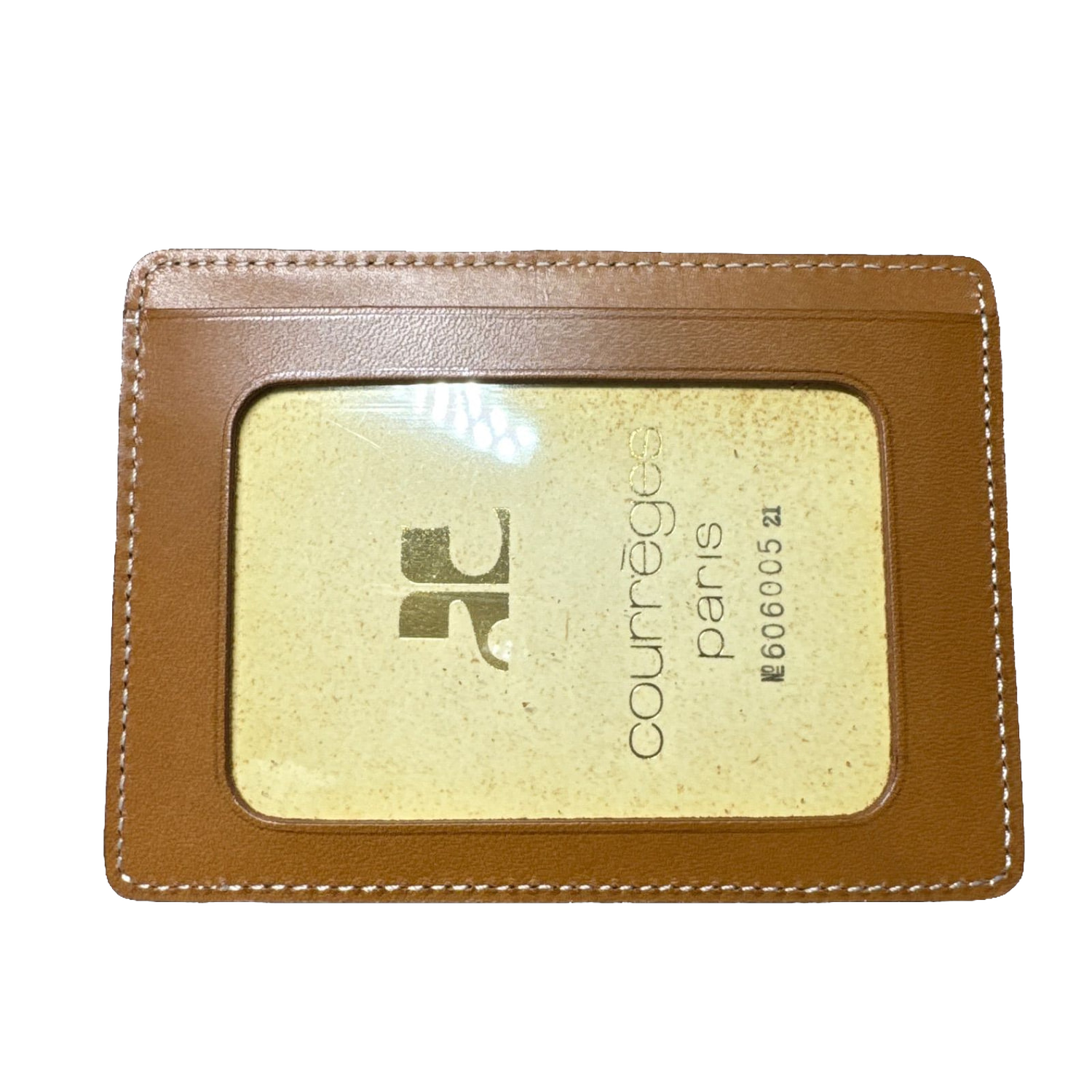 Courrèges Card Holder Brown Leather Vintage Slim ID Window Case