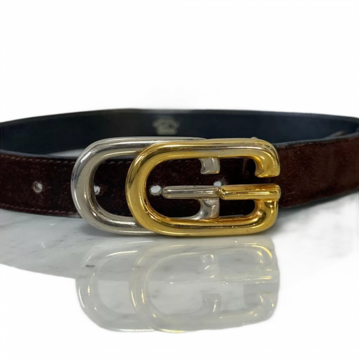 GUCCI Ceinture cuir véritable daim marron boucle GG.