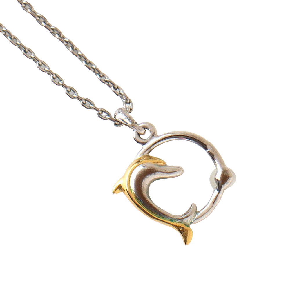 Courreges Necklace Silver Dolphin Pendant Two-Tone Gold Accent AC Logo Vintage