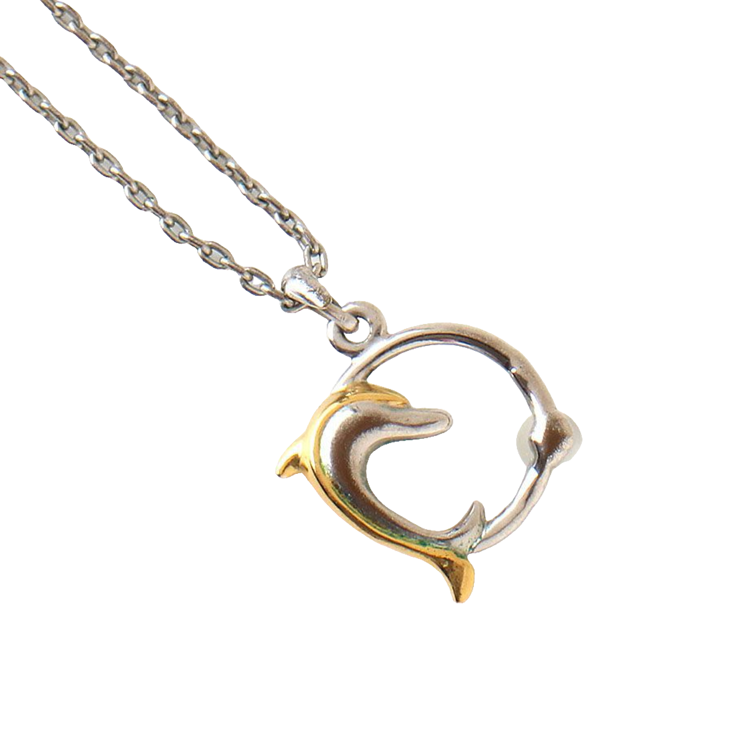 Courreges Necklace Silver Dolphin Pendant Two-Tone Gold Accent AC Logo Vintage