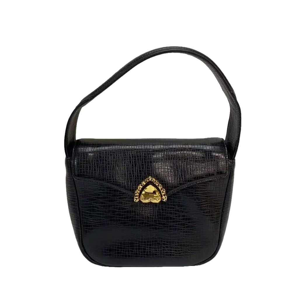 UNGARO Sac de soirée cuir lézard noir fermoir strass doré