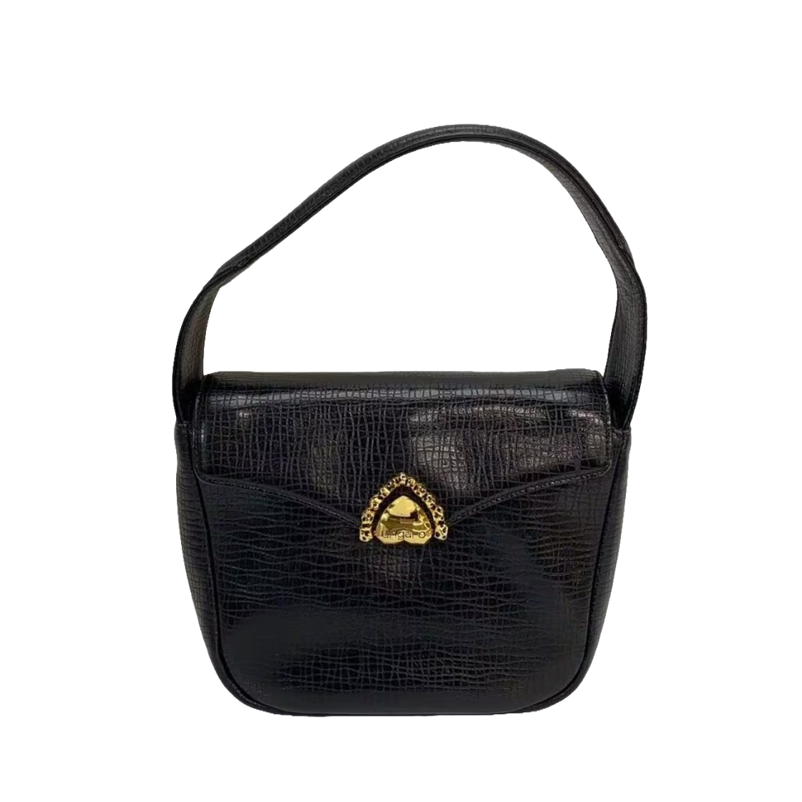 UNGARO Sac de soirée cuir lézard noir fermoir strass doré