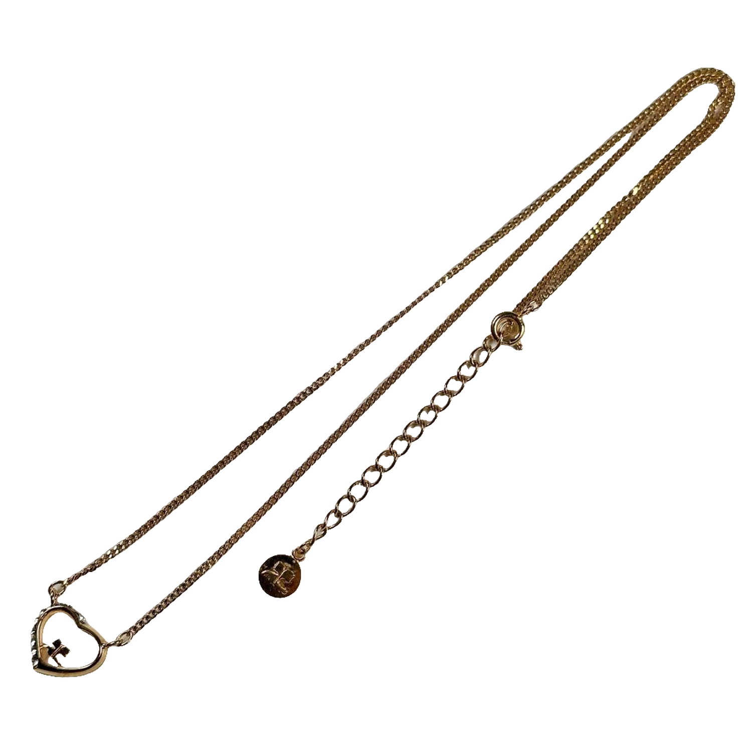 Courreges Necklace Gold Heart Pendant Rhinestone Logo Chain Vintage