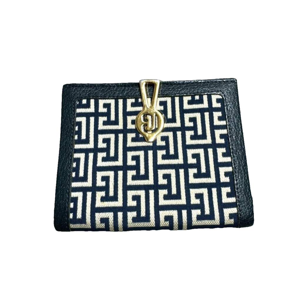 Pierre Balmain Portefeuille bleu marine en toile monogrammée, style vintage, à deux volets, fabriqué au Japon
