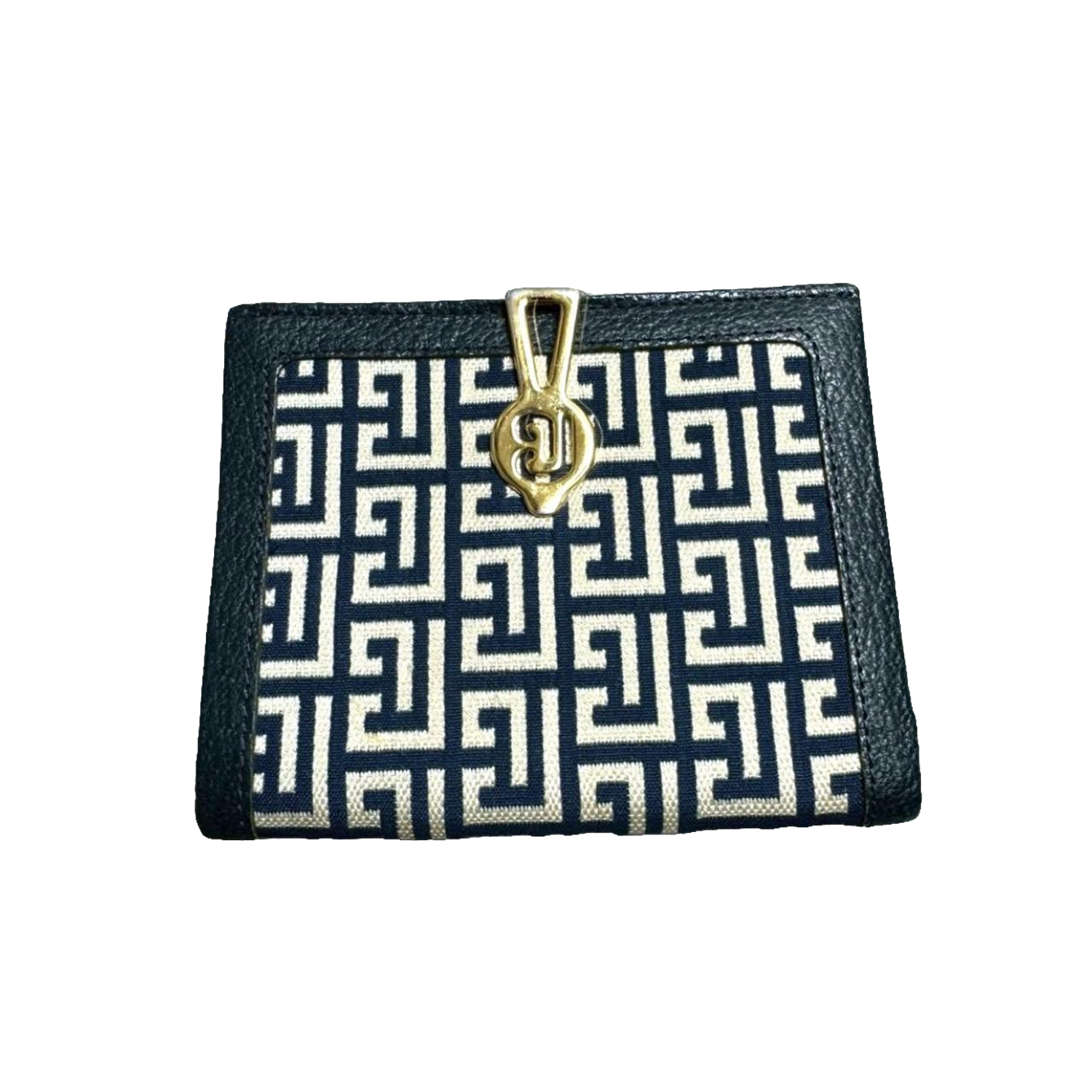Pierre Balmain Portefeuille bleu marine en toile monogrammée, style vintage, à deux volets, fabriqué au Japon