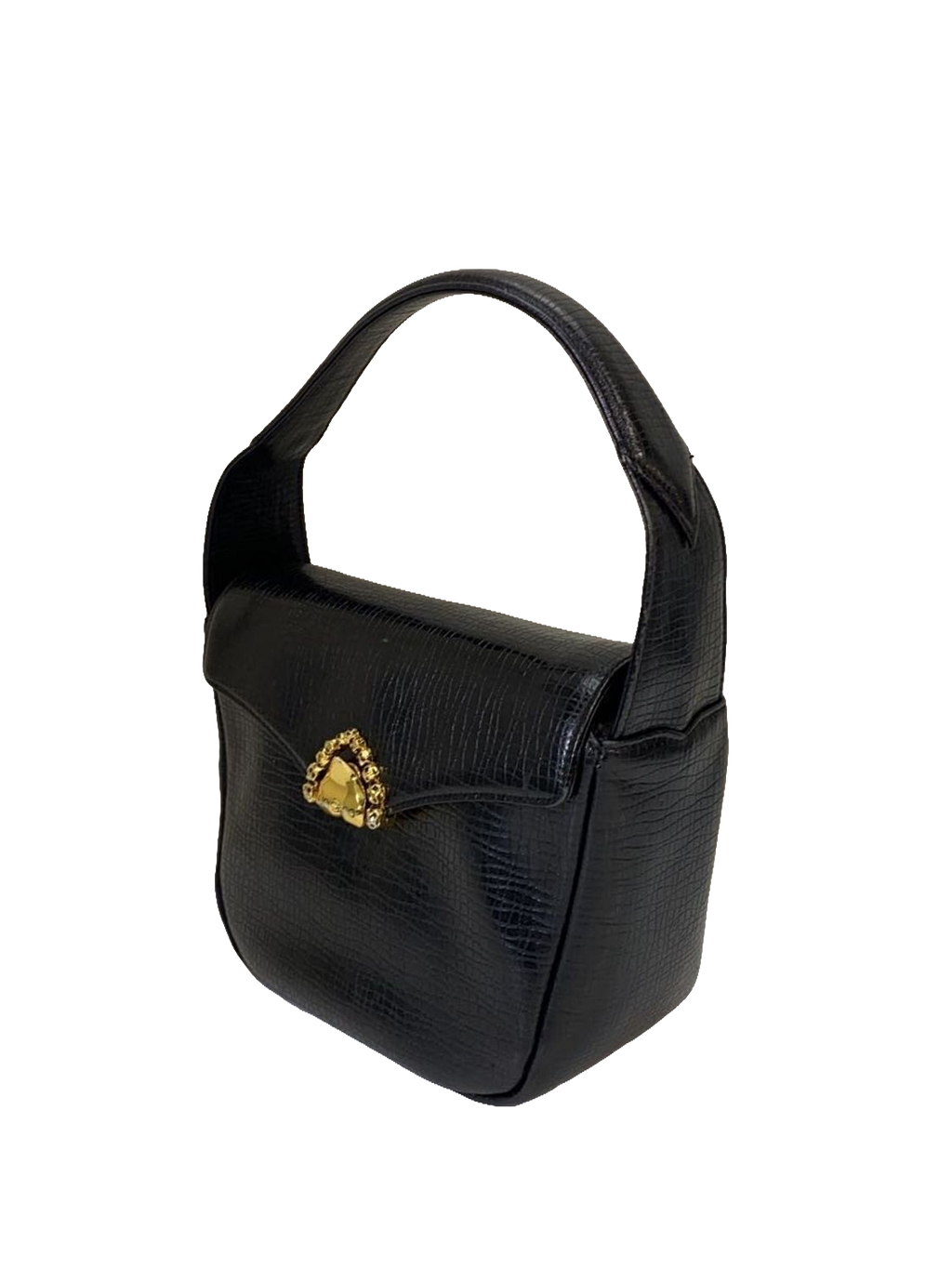 UNGARO Sac de soirée cuir lézard noir fermoir strass doré
