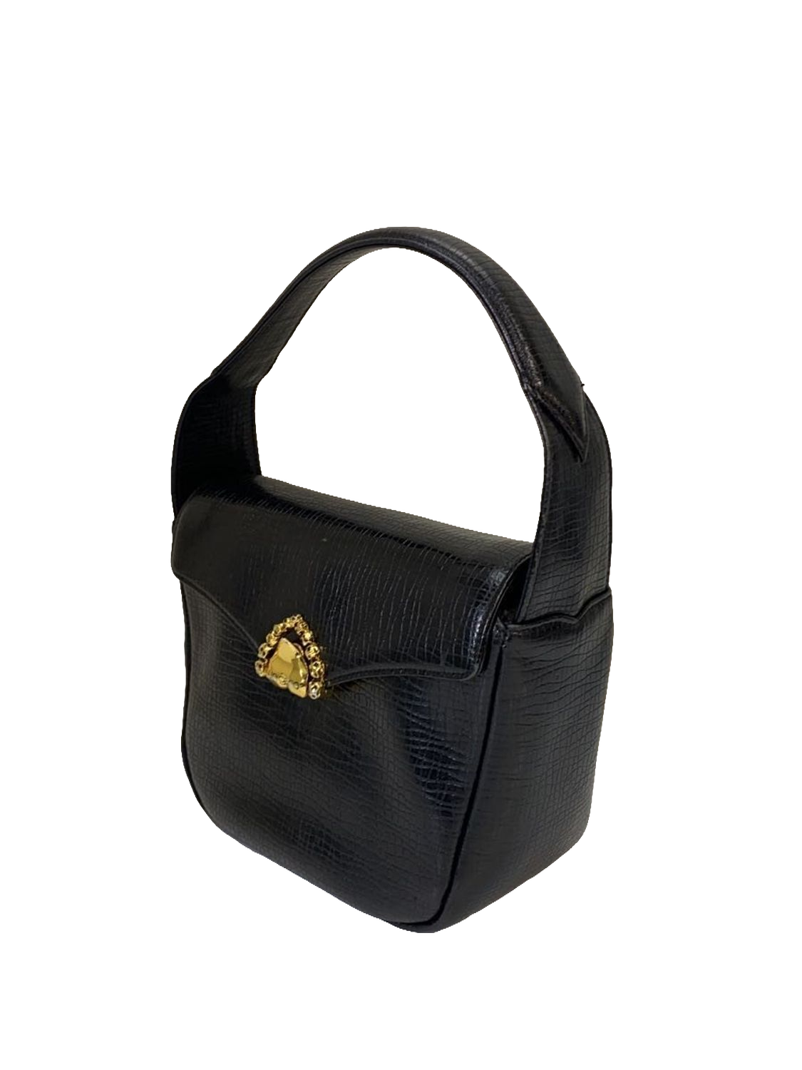 UNGARO Sac de soirée cuir lézard noir fermoir strass doré