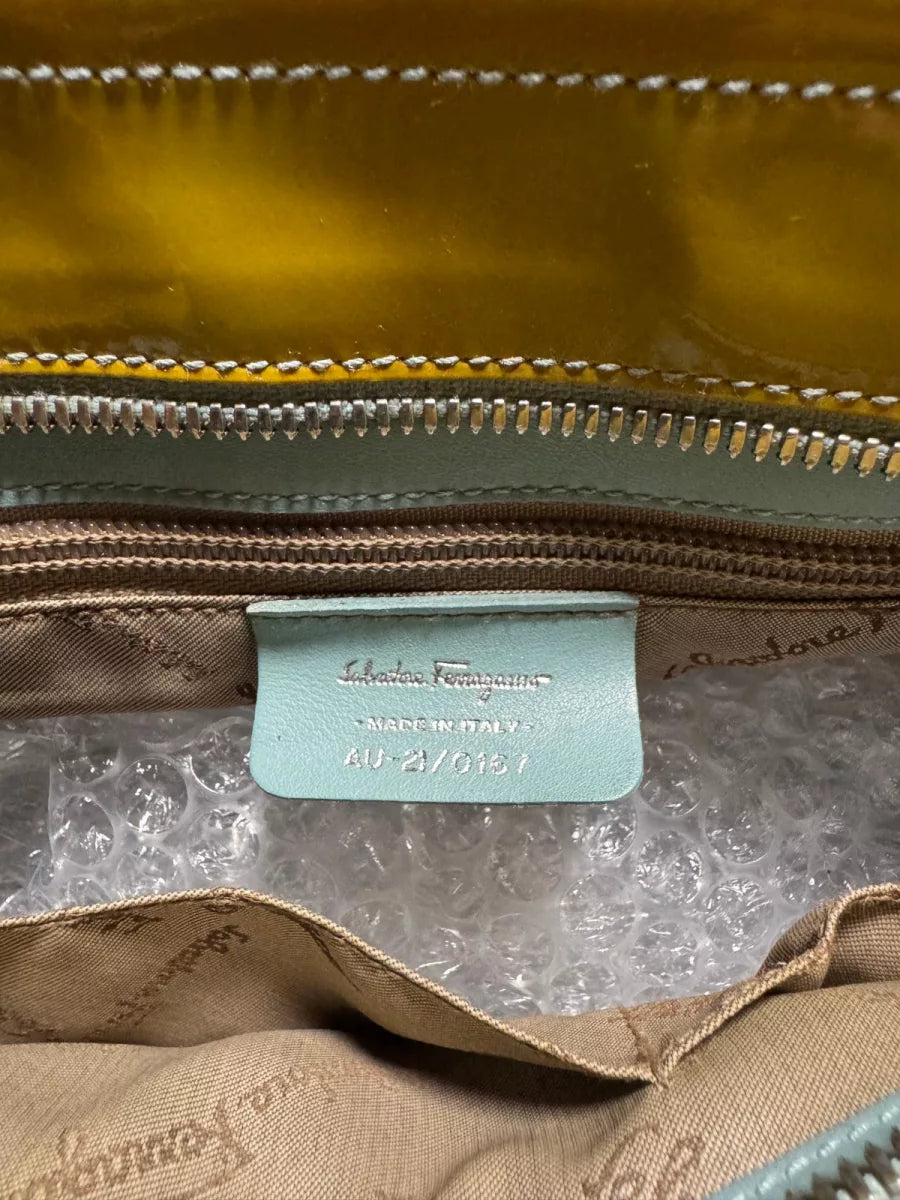 FERRAGAMO Sac à main Ferragamo en cuir verni orange/jaune effet et fermoirs métalliques Gancini