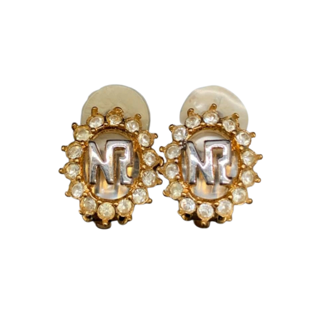 NINA RICCI Boucles d'oreilles en excellent état ornées du logo NR et de strass