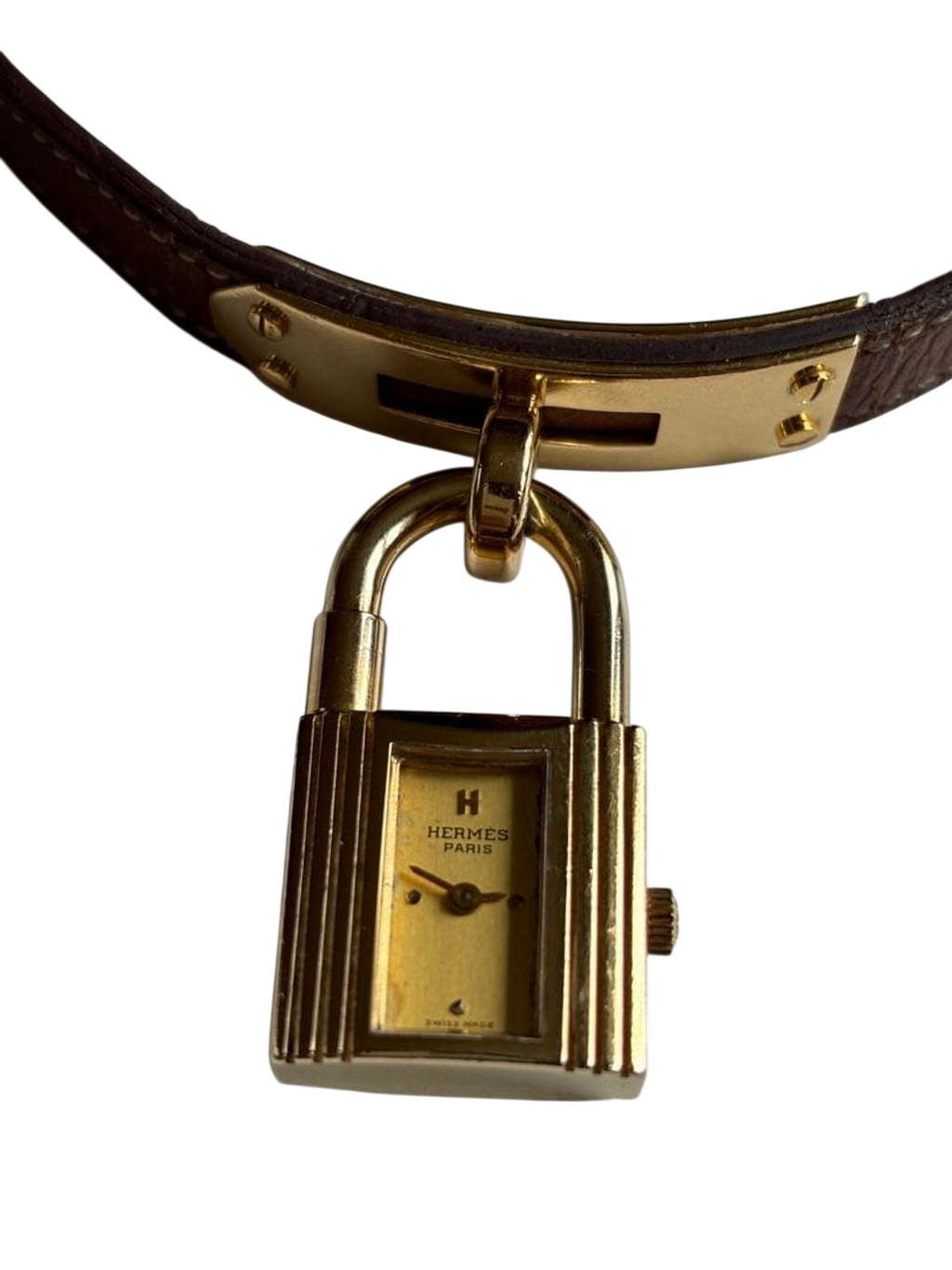 HERMES Kelly Lock Gold-Tone Brown Leather Swiss Made Watch