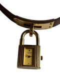 HERMES Kelly Lock Gold-Tone Brown Leather Swiss Made Watch
