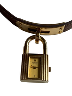 HERMES Kelly Lock Gold-Tone Brown Leather Swiss Made Watch