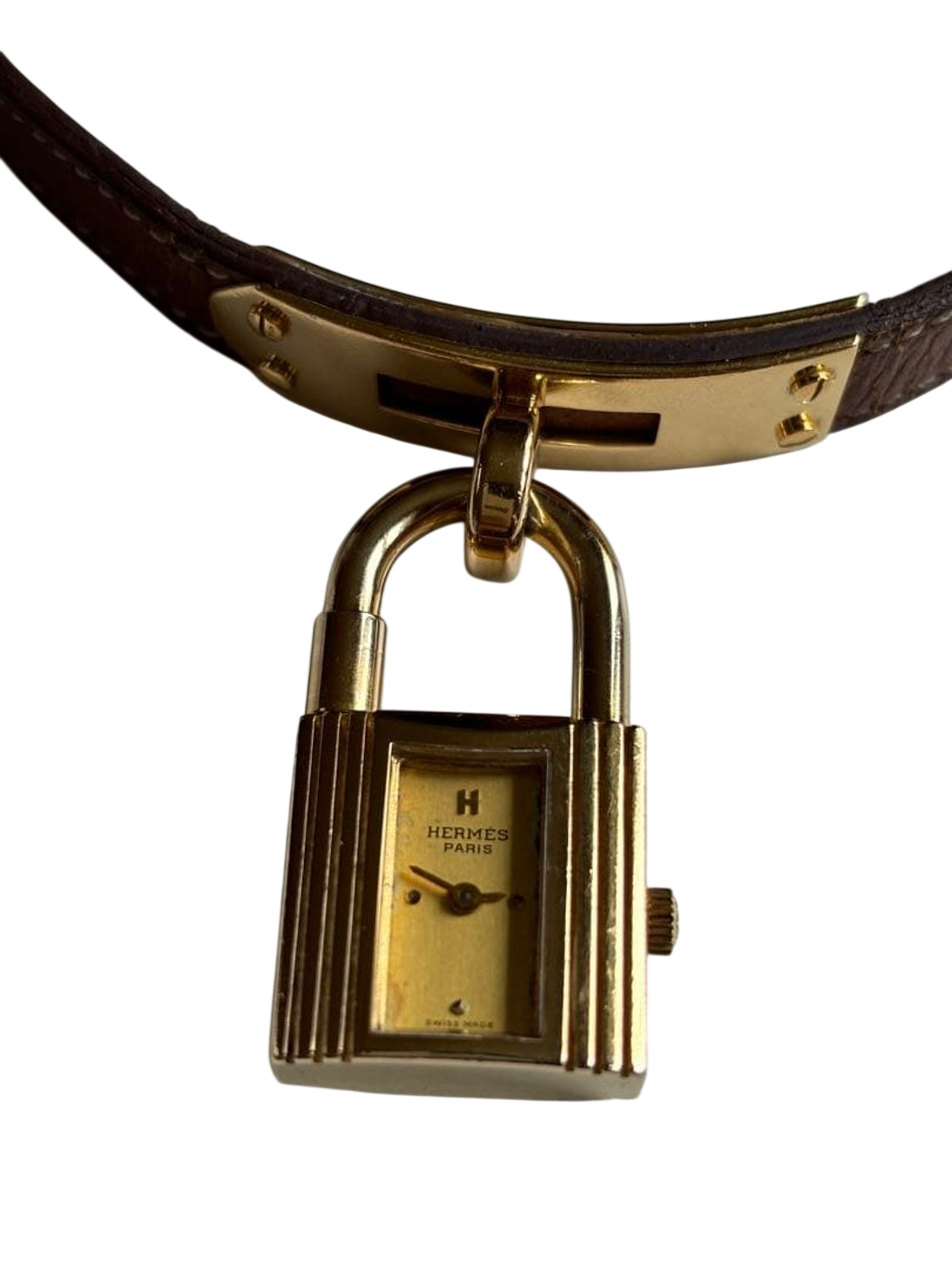 HERMES Kelly Lock Gold-Tone Brown Leather Swiss Made Watch
