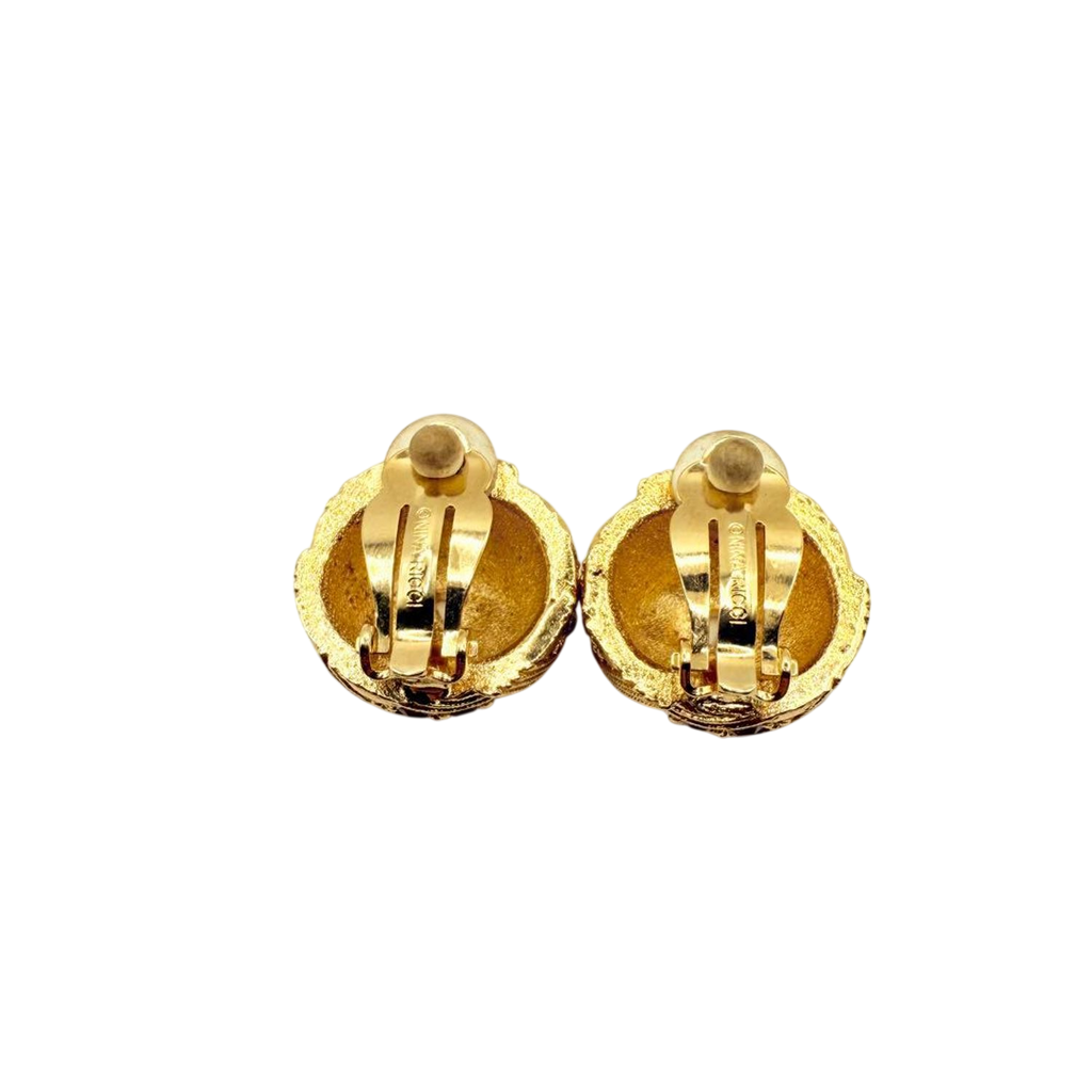 Monet Gold Tone Clip-On Earrings with Red and Clear Rhinestones