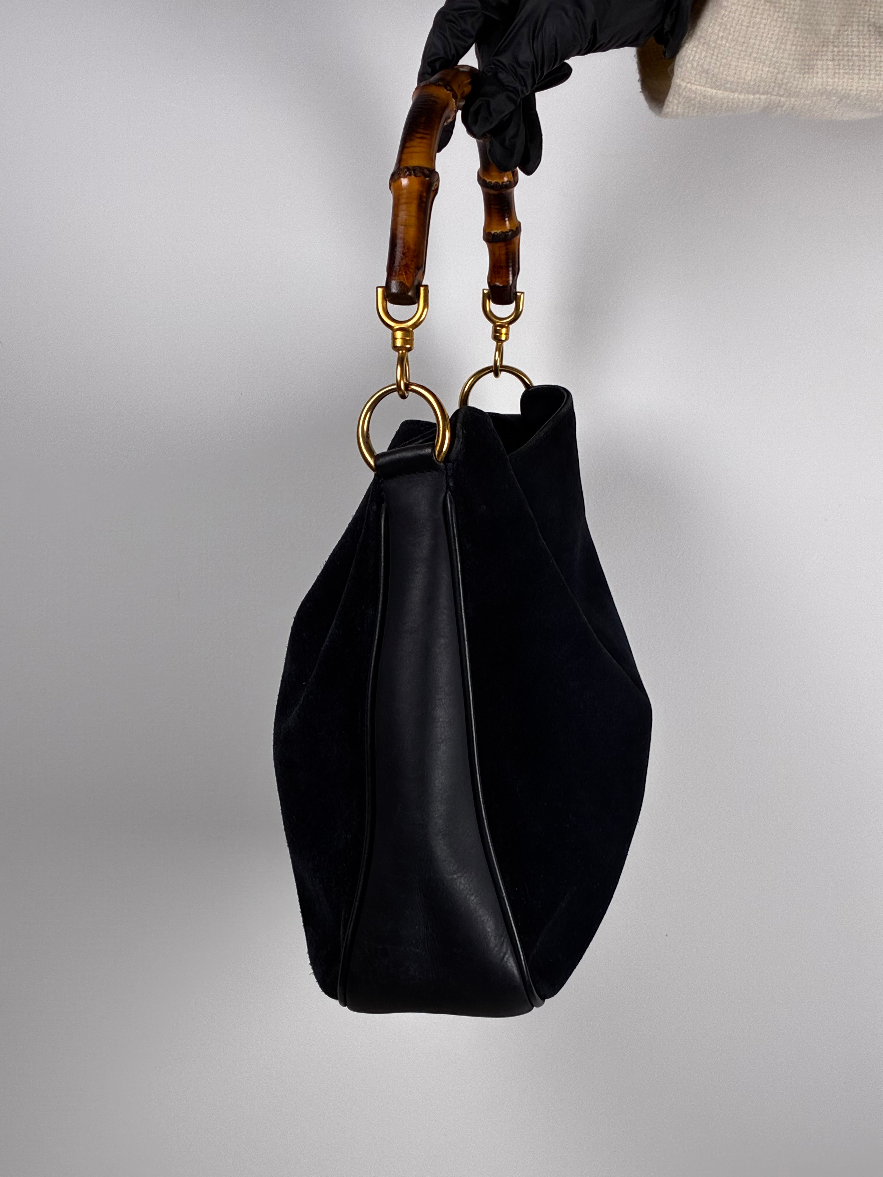 Gucci Sac Bamboo en daim bleu nuit et cuir noir