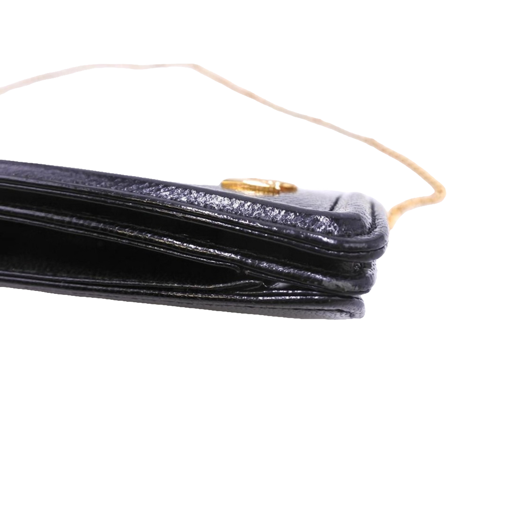 PIERRE CARDIN Pochette soirée cuir noir lisse chaîne dorée logo PC