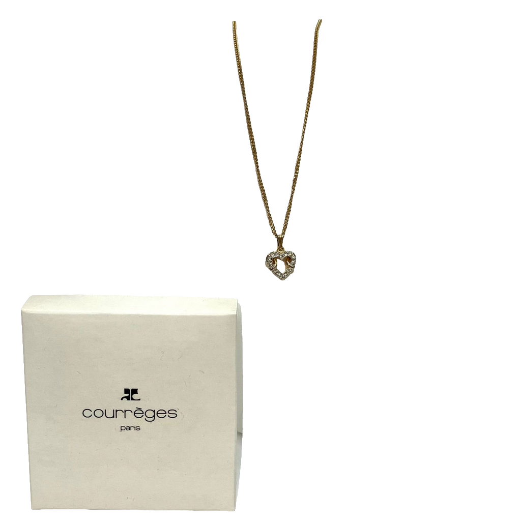 Courreges Necklace Gold Silver Heart Pendant Rhinestone Vintage Paris