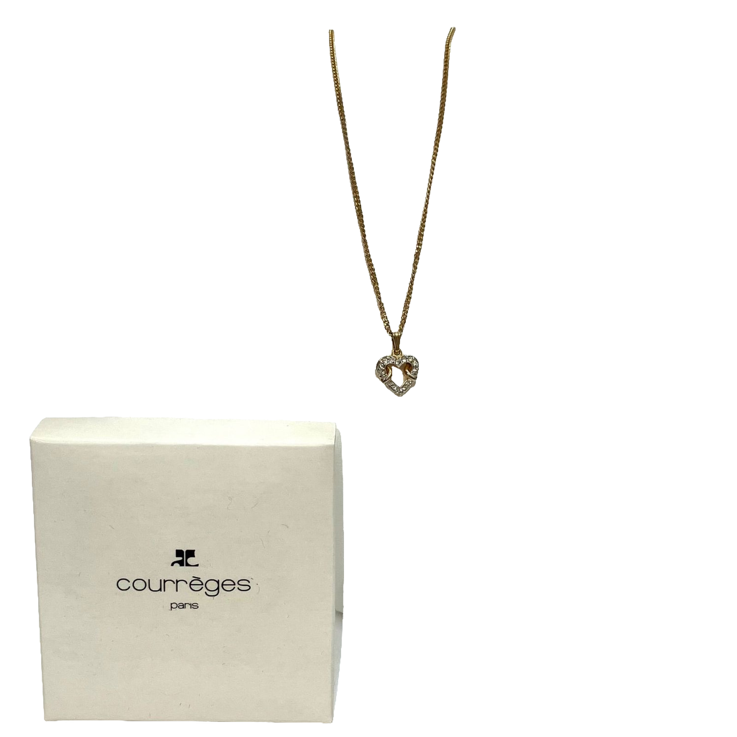 Courreges Necklace Gold Silver Heart Pendant Rhinestone Vintage Paris