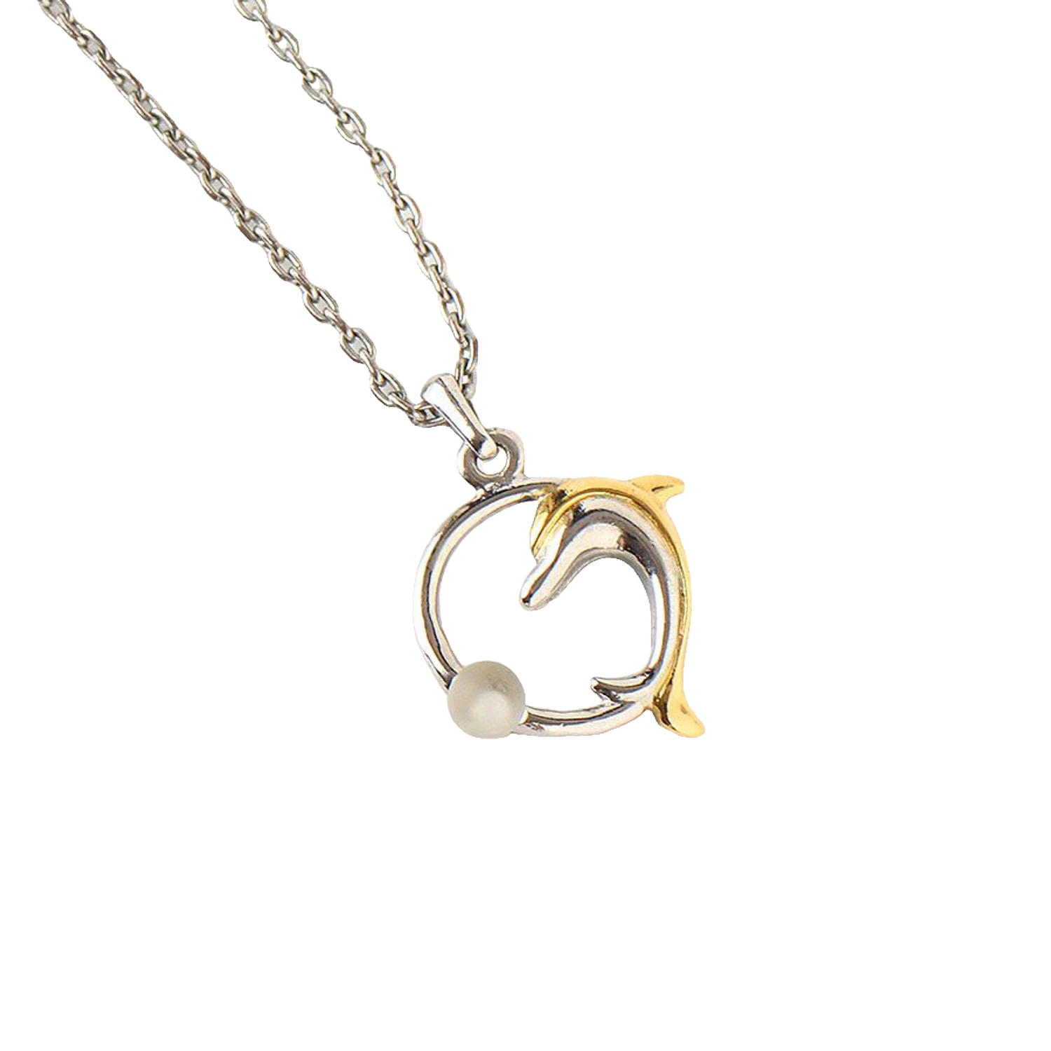 Courreges Necklace Silver Dolphin Pendant Two-Tone Gold Accent AC Logo Vintage