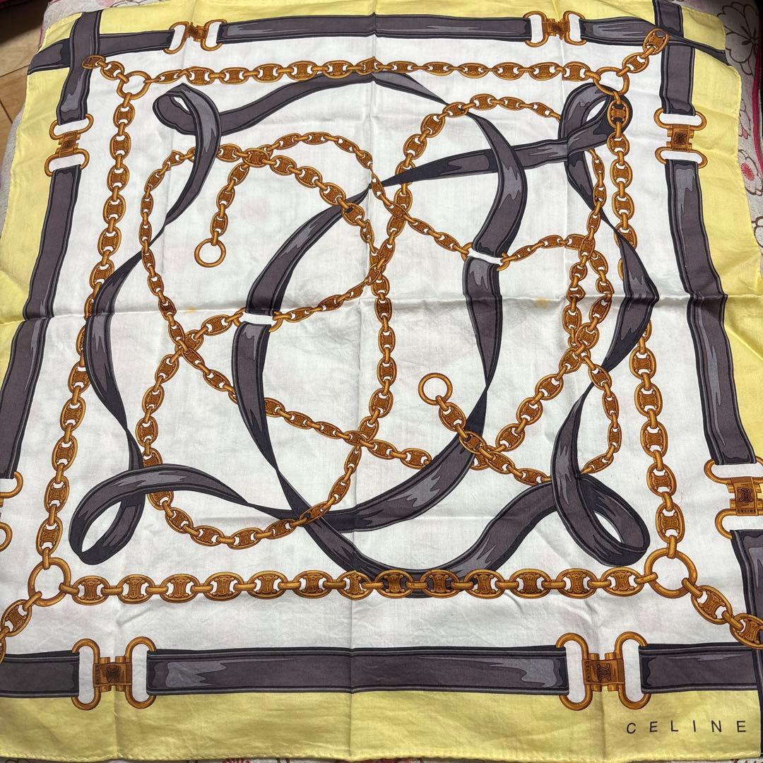 CELINE carrée en coton jaune et blanc moyen, motif ceinture à chaîne vintage