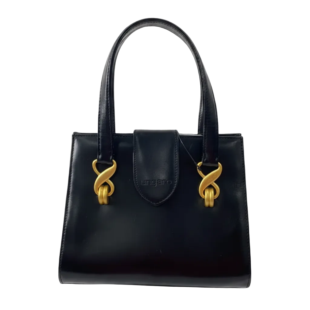 UNGARO Black Leather Top Handle Handbag with Gold Details