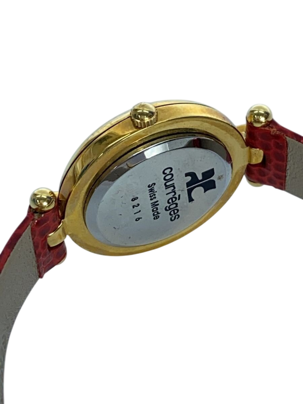 COURRÈGES Montre femme cadran blanc boîtier or bracelet cuir rouge lézard Swiss Made