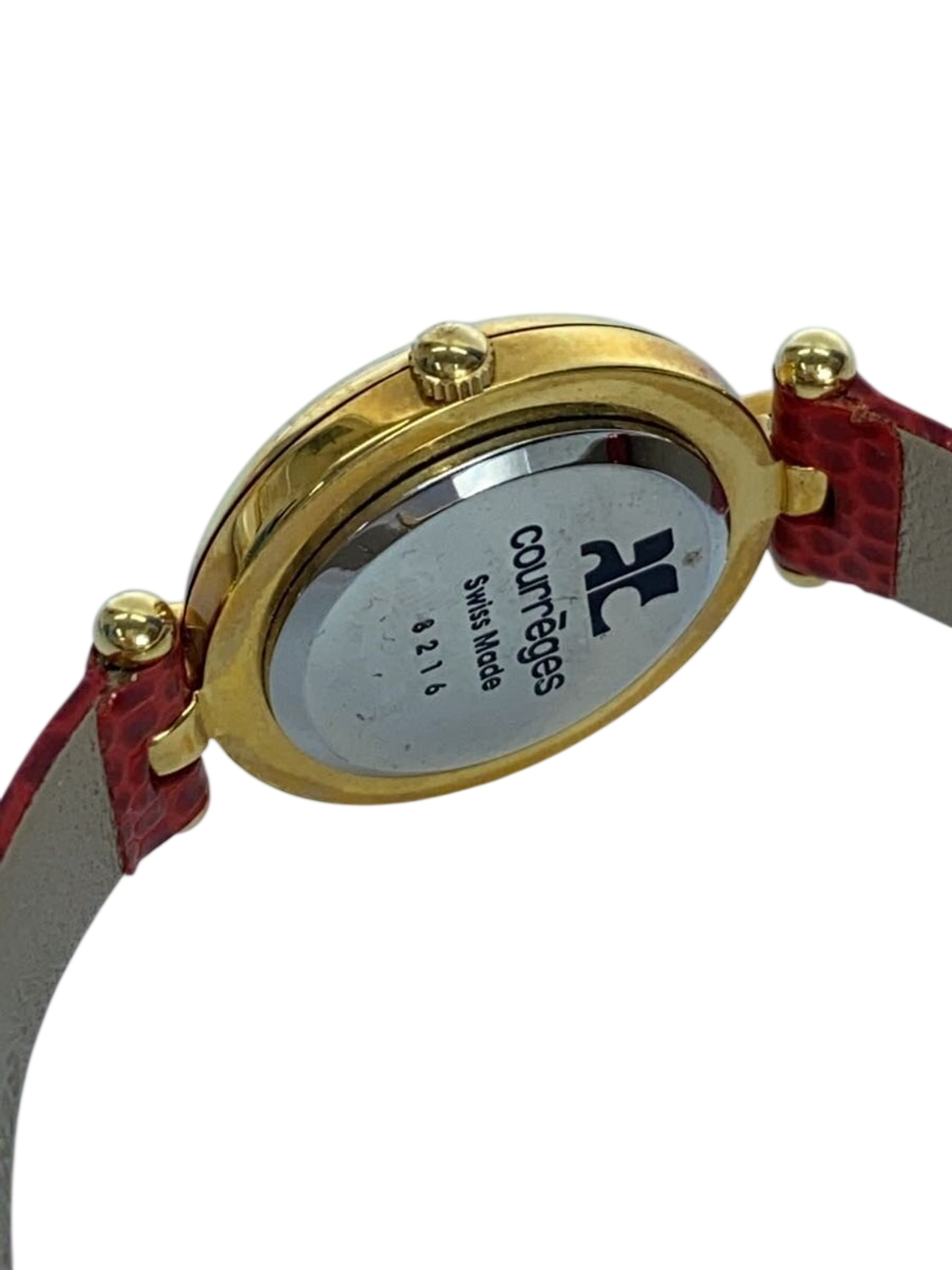 COURRÈGES Montre femme cadran blanc boîtier or bracelet cuir rouge lézard Swiss Made