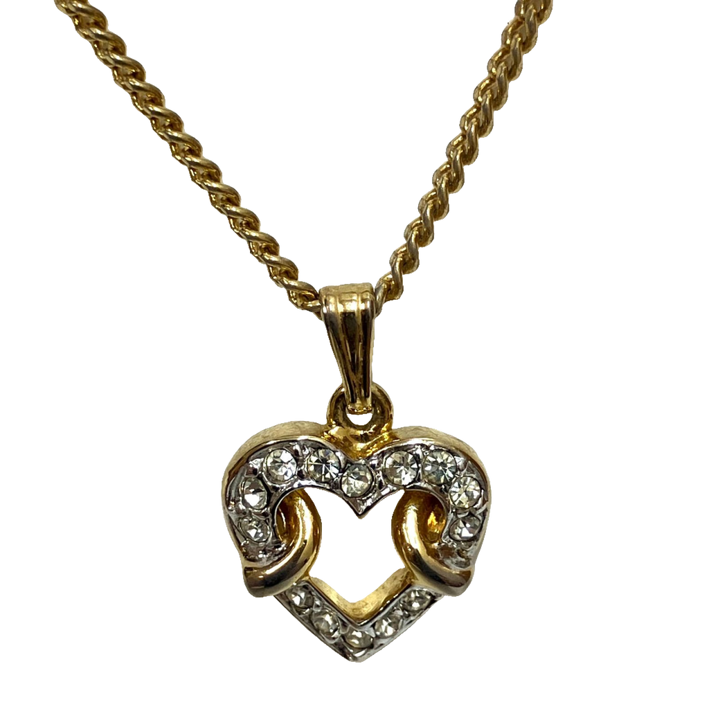 Courreges Necklace Gold Silver Heart Pendant Rhinestone Vintage Paris