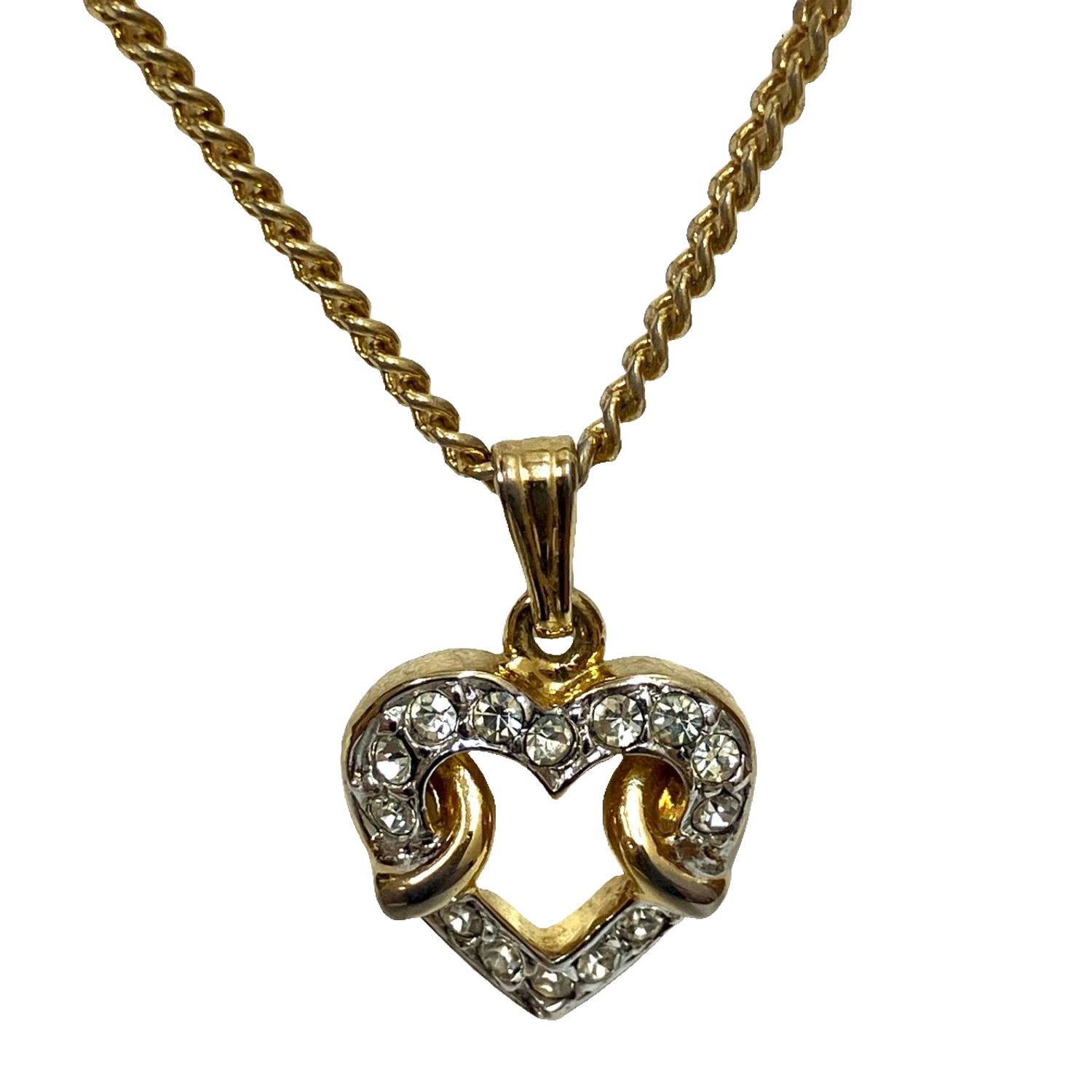 Courreges Necklace Gold Silver Heart Pendant Rhinestone Vintage Paris