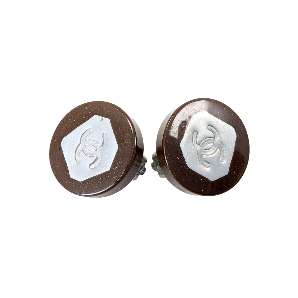 Chanel Earrings Brown Silver Vintage 1999 Spring Collection Clip-On CC Logo