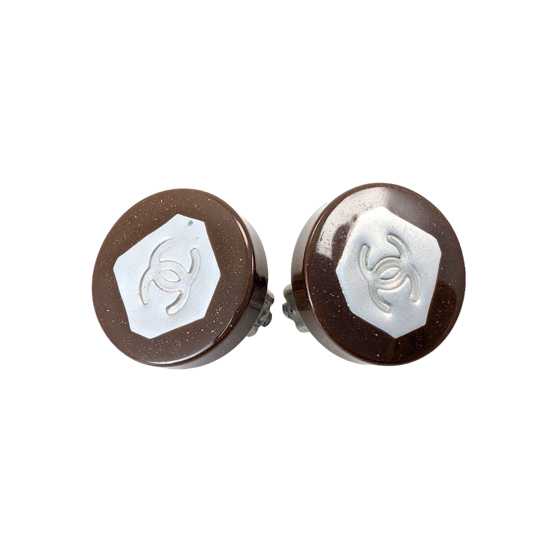 Chanel Earrings Brown Silver Vintage 1999 Spring Collection Clip-On CC Logo