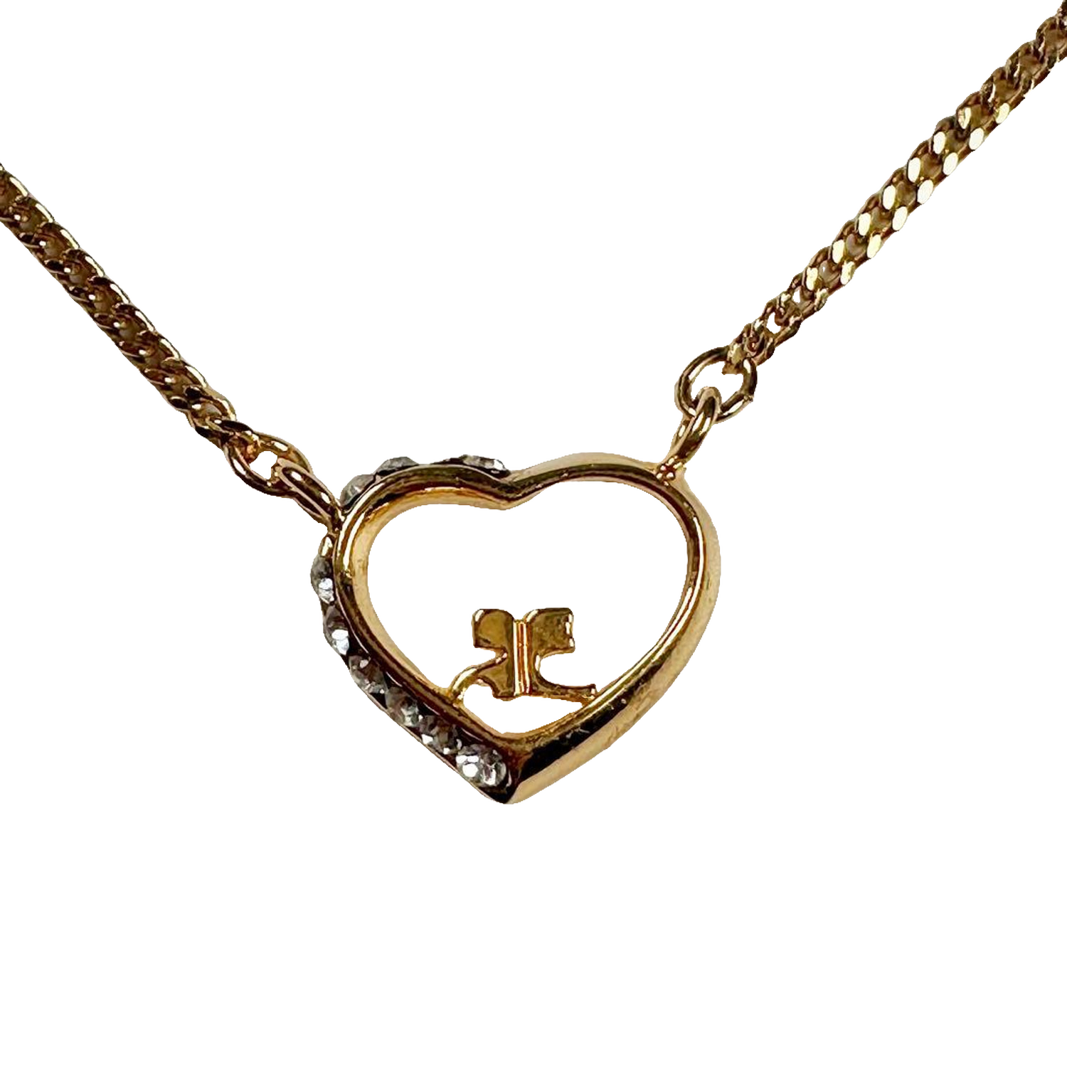 Courreges Necklace Gold Heart Pendant Rhinestone Logo Chain Vintage