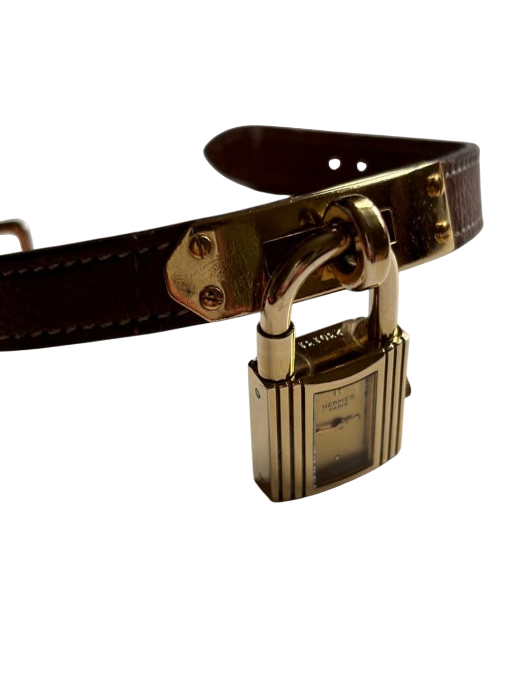 HERMES Kelly Lock Gold-Tone Brown Leather Swiss Made Watch