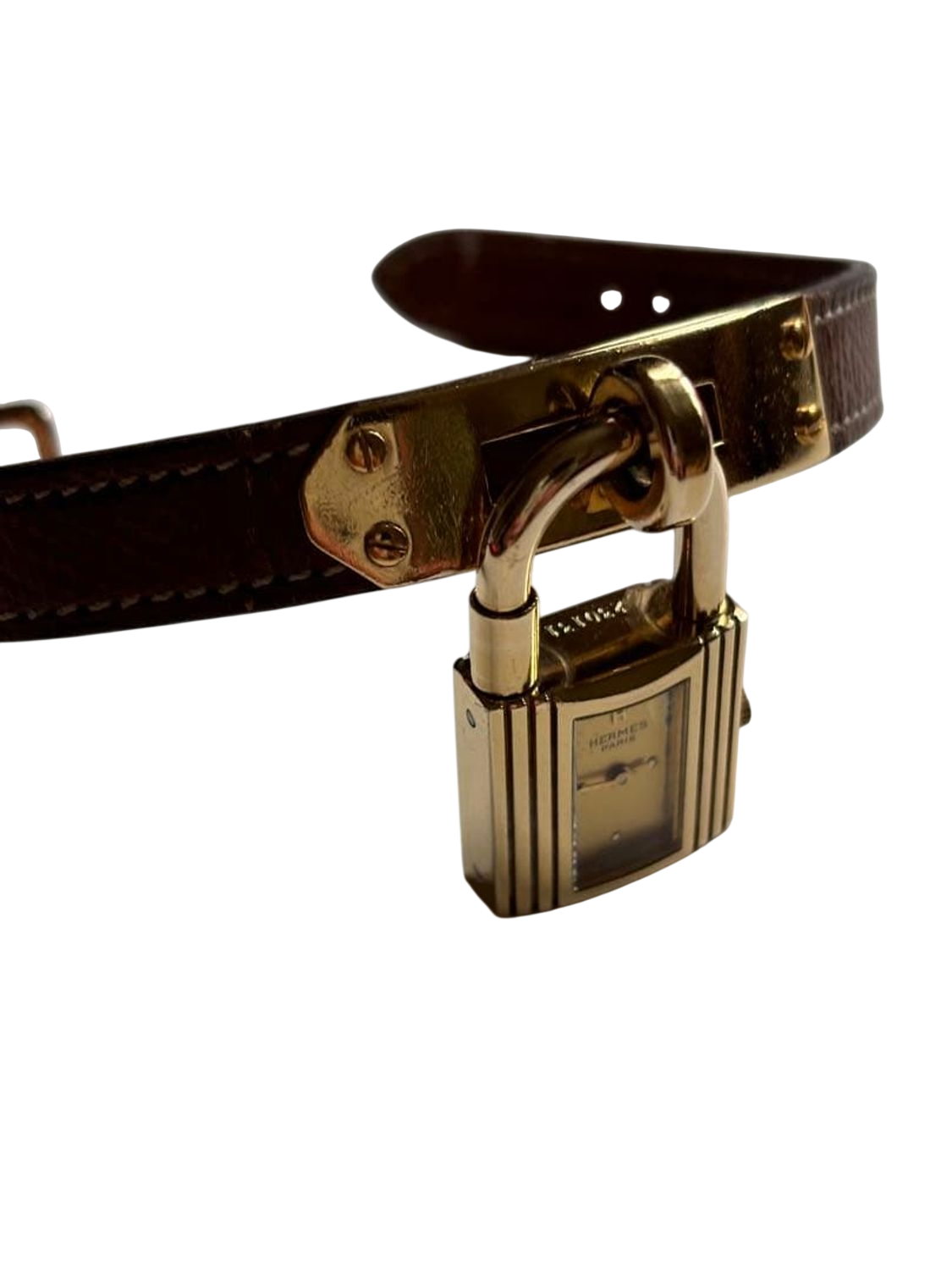 HERMES Kelly Lock Gold-Tone Brown Leather Swiss Made Watch