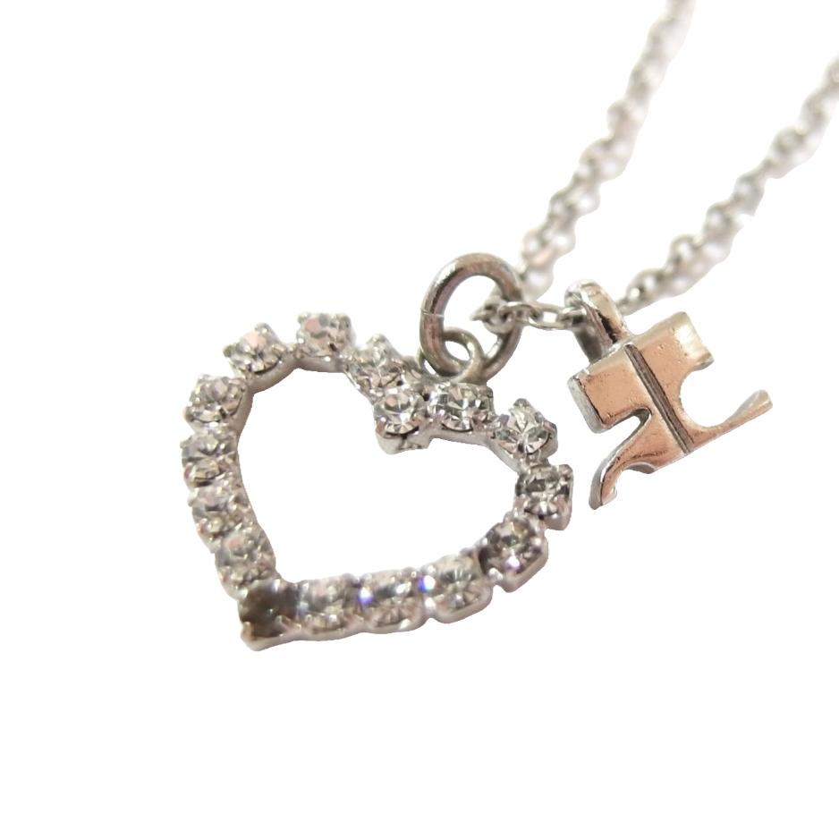 Courreges Necklace Silver Heart Rhinestone Logo Pendant Vintage