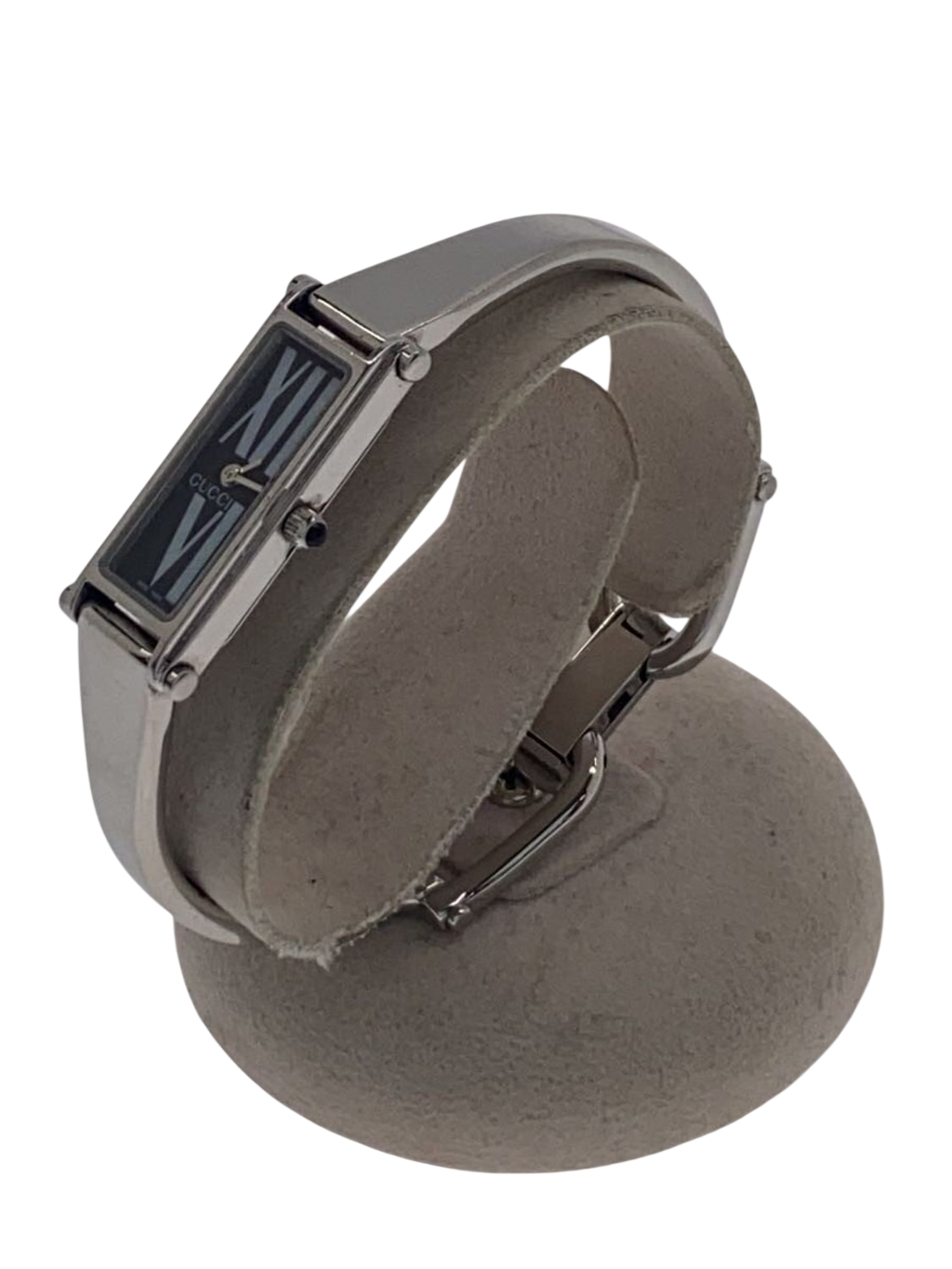 GUCCI Montre femme bracelet acier bangle cadran noir chiffres romains Swiss Made