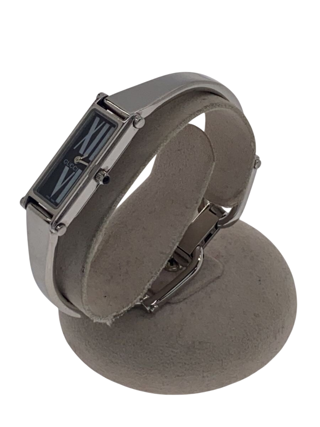 GUCCI Montre femme bracelet acier bangle cadran noir chiffres romains Swiss Made