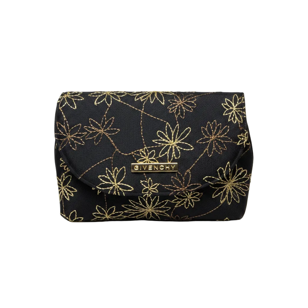 Givenchy Pouch Black Gold Floral Embroidered Clutch Cosmetic Bag