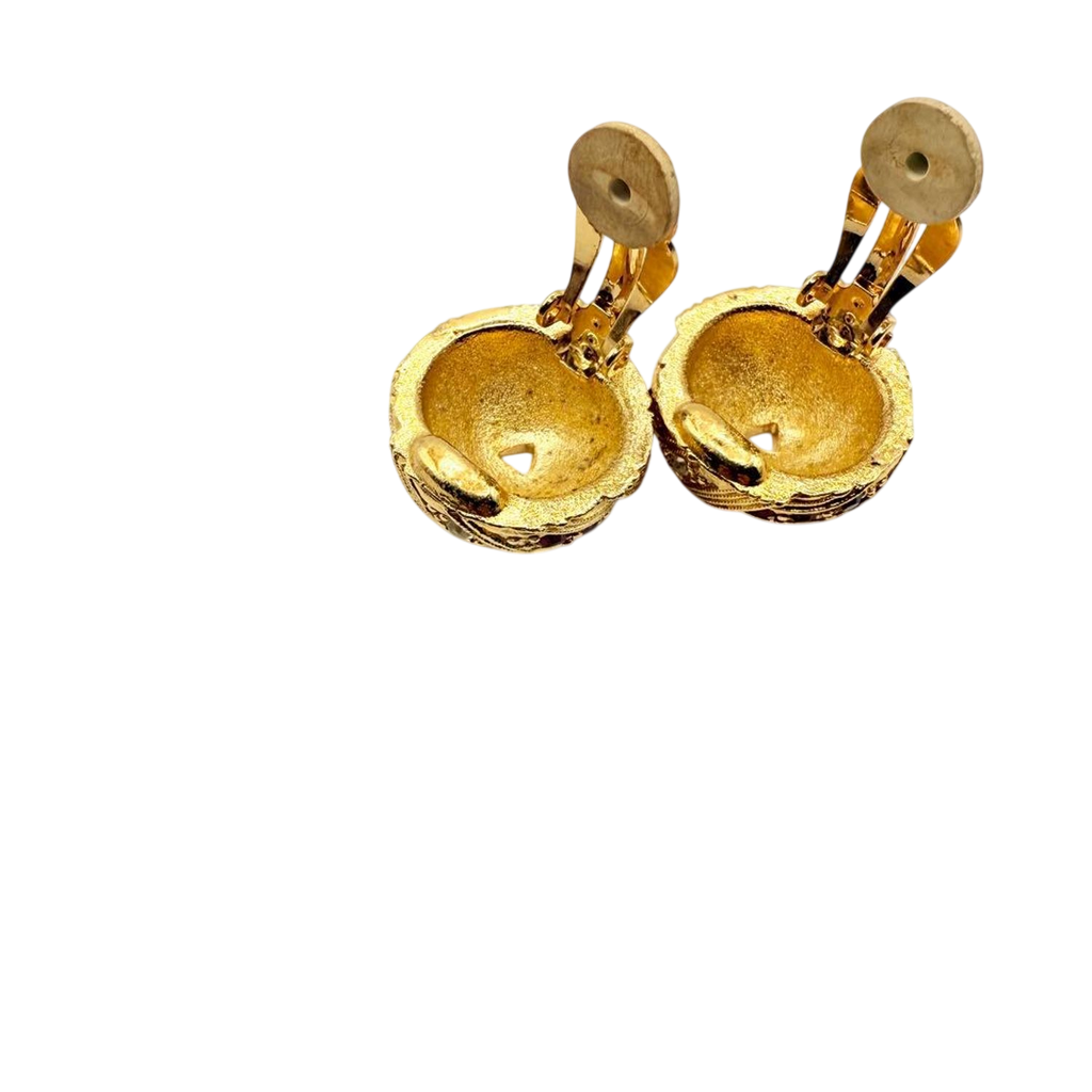 Monet Gold Tone Clip-On Earrings with Red and Clear Rhinestones