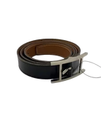 Belt Herm%s 95 Black Brown Silver Buckle Reversible Leather Dress Belt